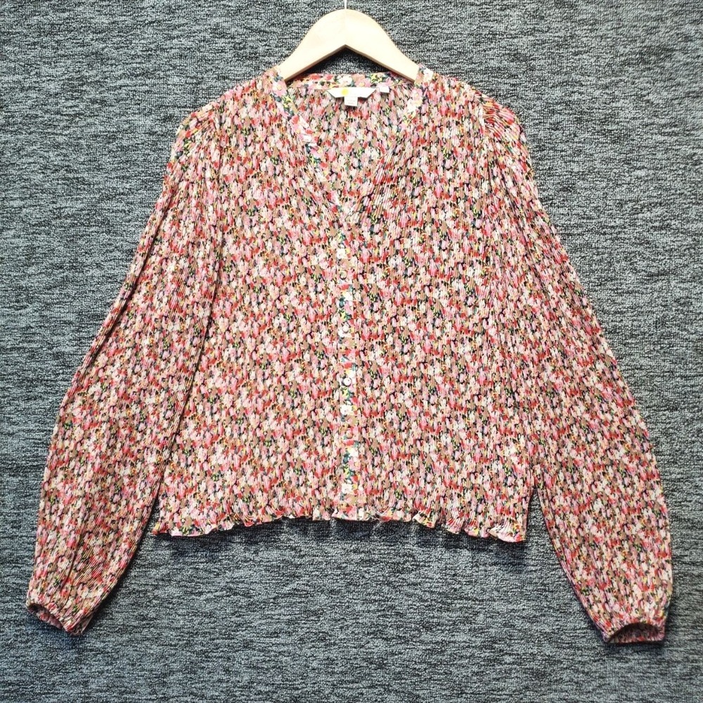Boden Painterly Floret Plisse Pleat Ditsy Floral Button Up Blouse Women 10 Pink